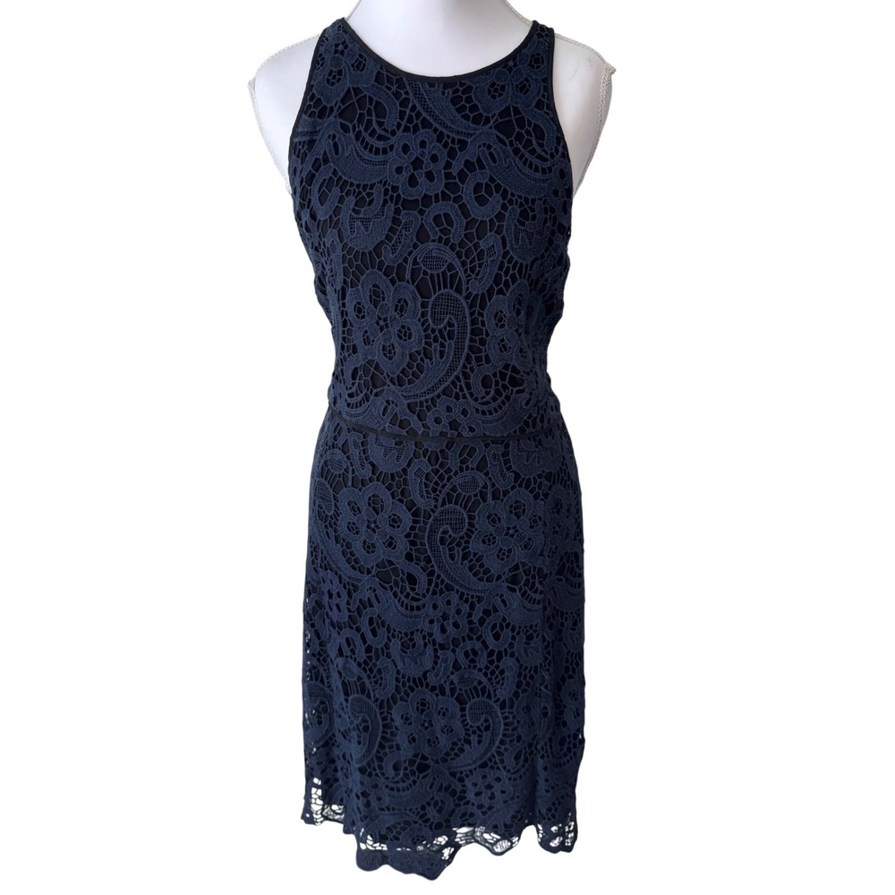 Rebecca Taylor‎ Navy Blue Floral Lace Sheath Dress Exposed Zipper Size 6